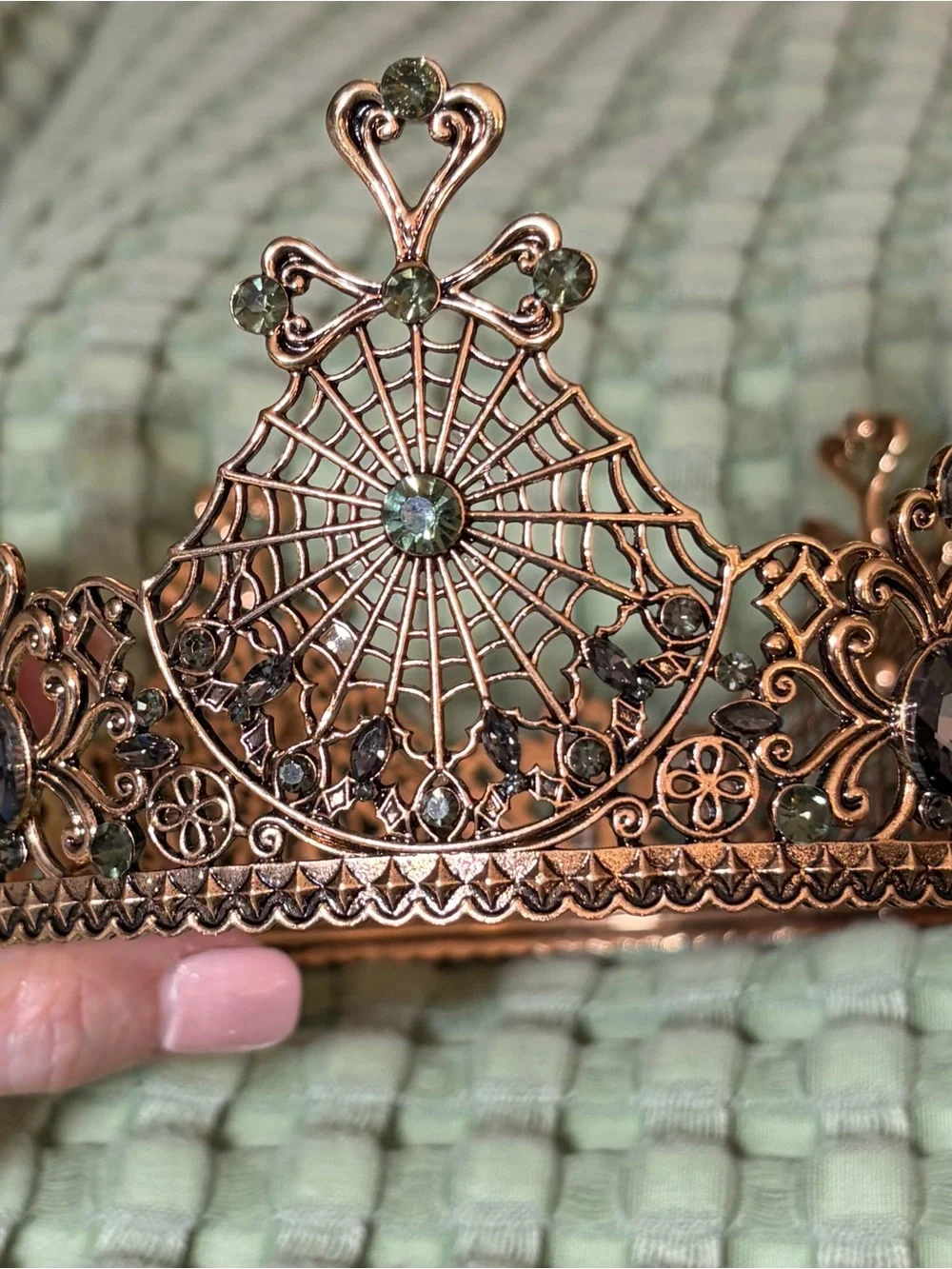 Antiqued Rose Gold Spiderweb Rhinestone Crown Tiara Halloween Gothic